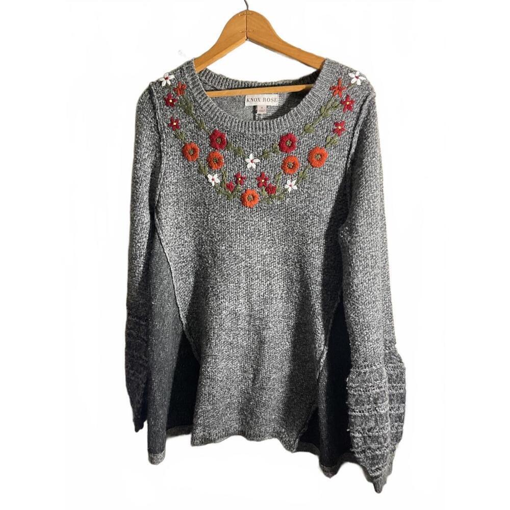 Knox Rose Mixed Fabrics Gray Embroidered Floral Sweater Medium
